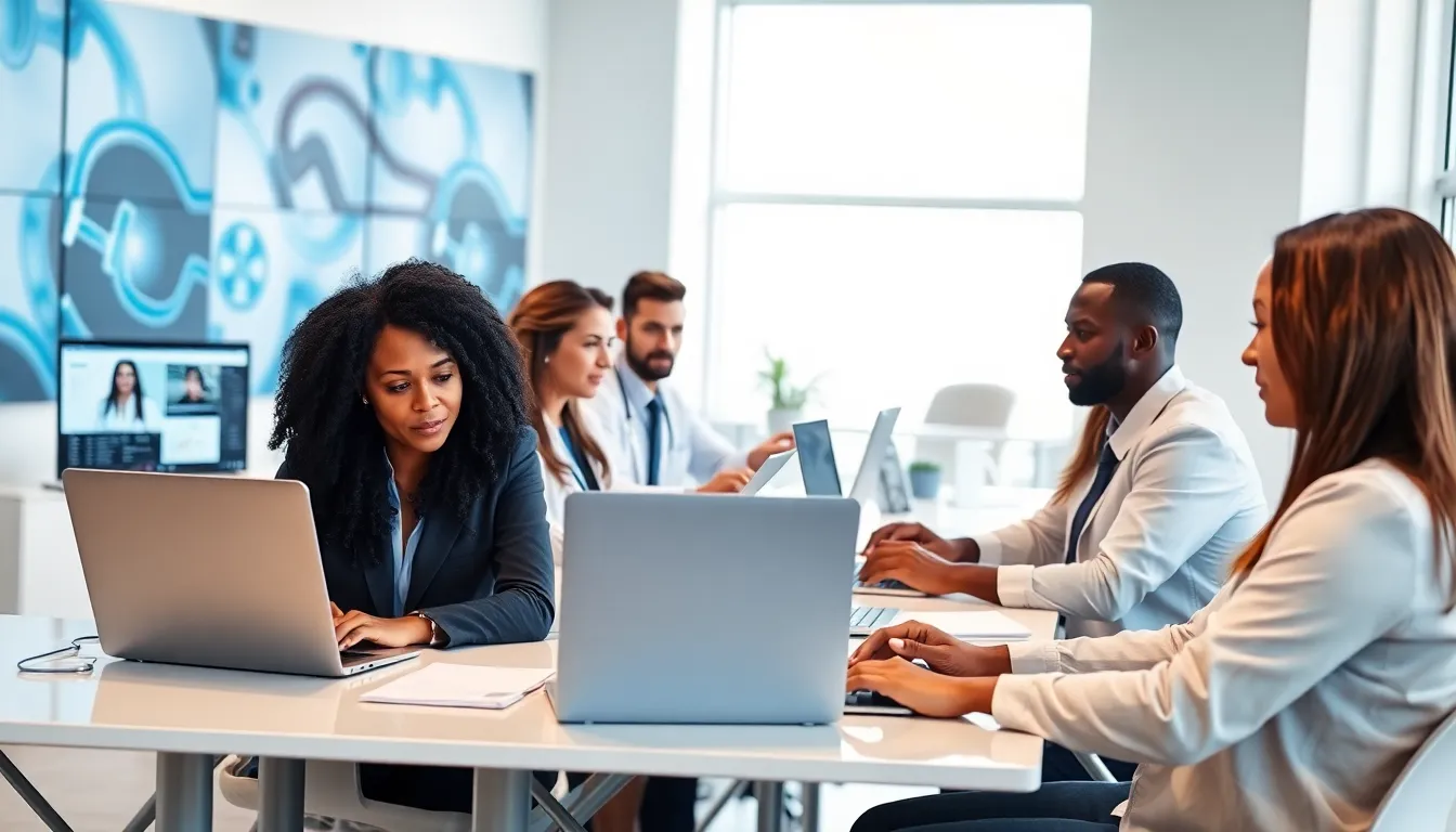 diverse group learning medical coding in a modern workspace.
