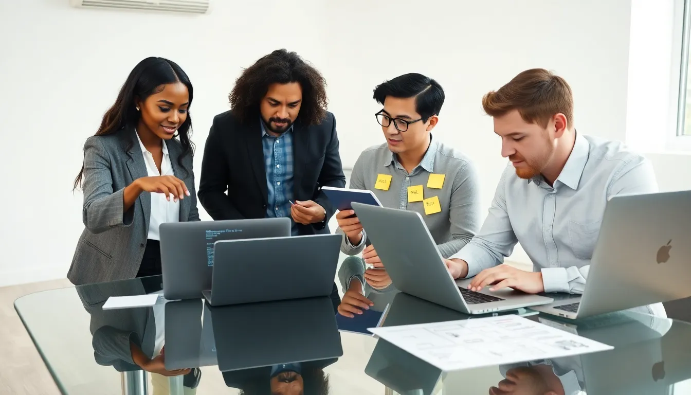 diverse team collaborating on coding at a modern office table.
