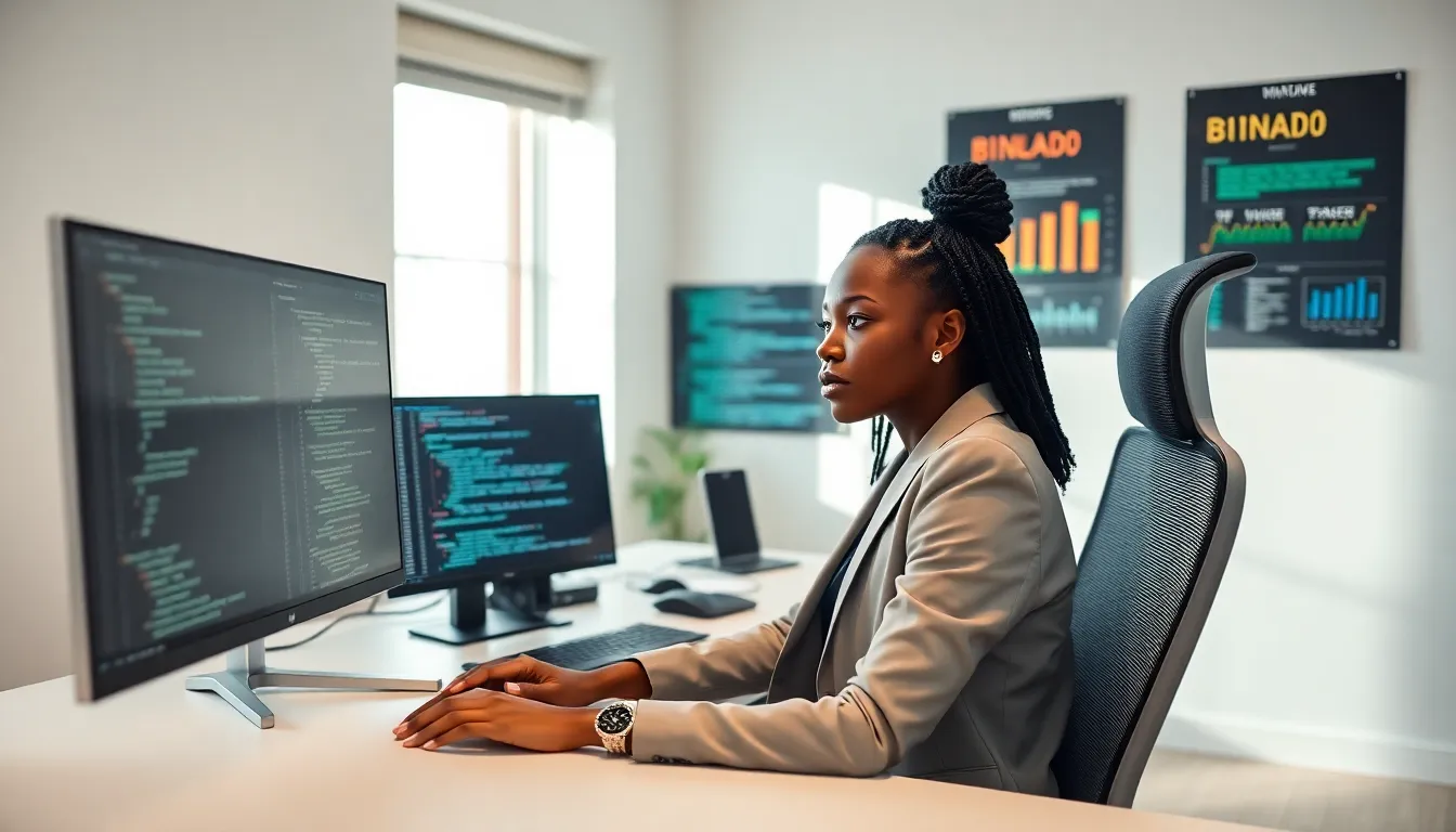 developer coding binary data on dual monitors in a modern office.