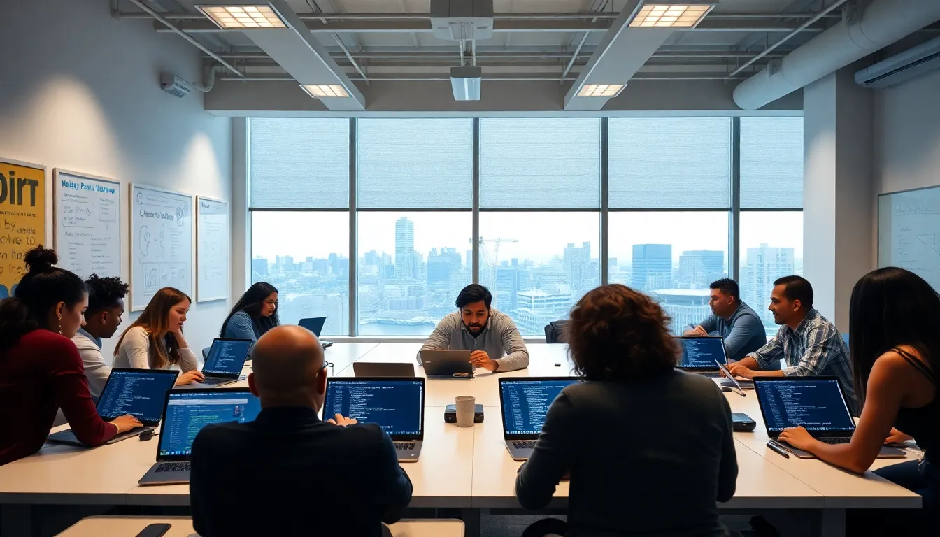 diverse students collaborating in a modern coding bootcamp classroom.