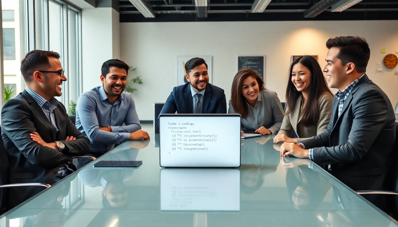 diverse programmers sharing laughs over coding jokes in a modern office.
