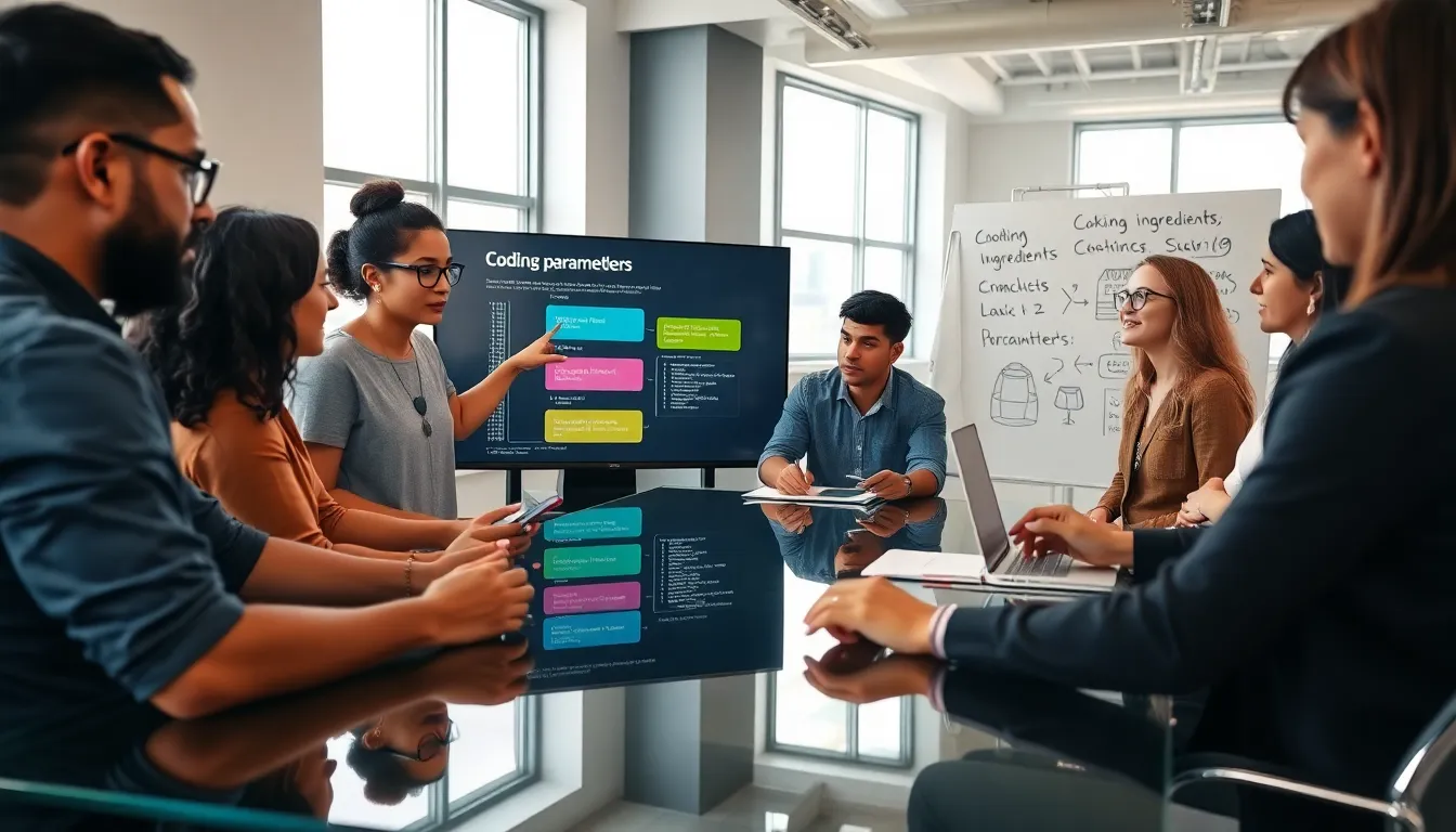 diverse team discussing coding parameters in a modern office.