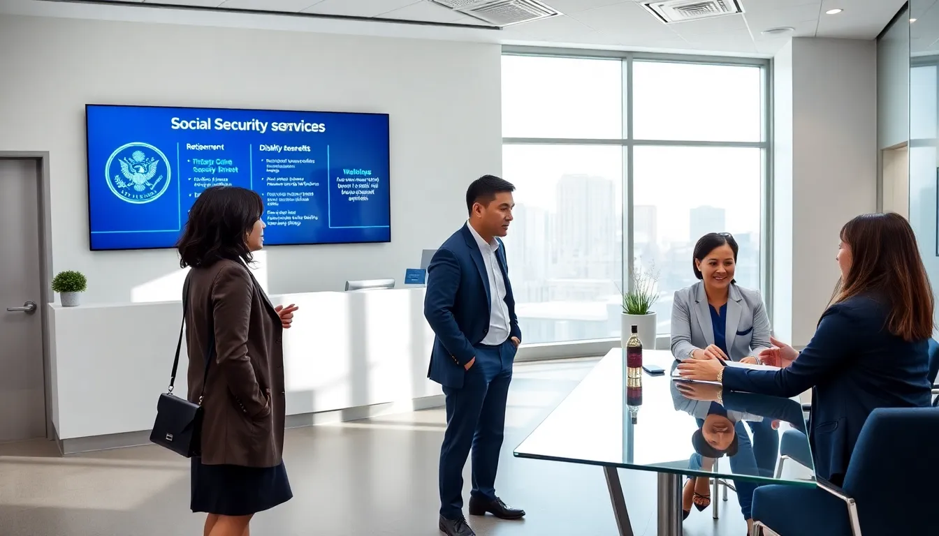 Modern Social Security office in New York with diverse professionals assisting clients.