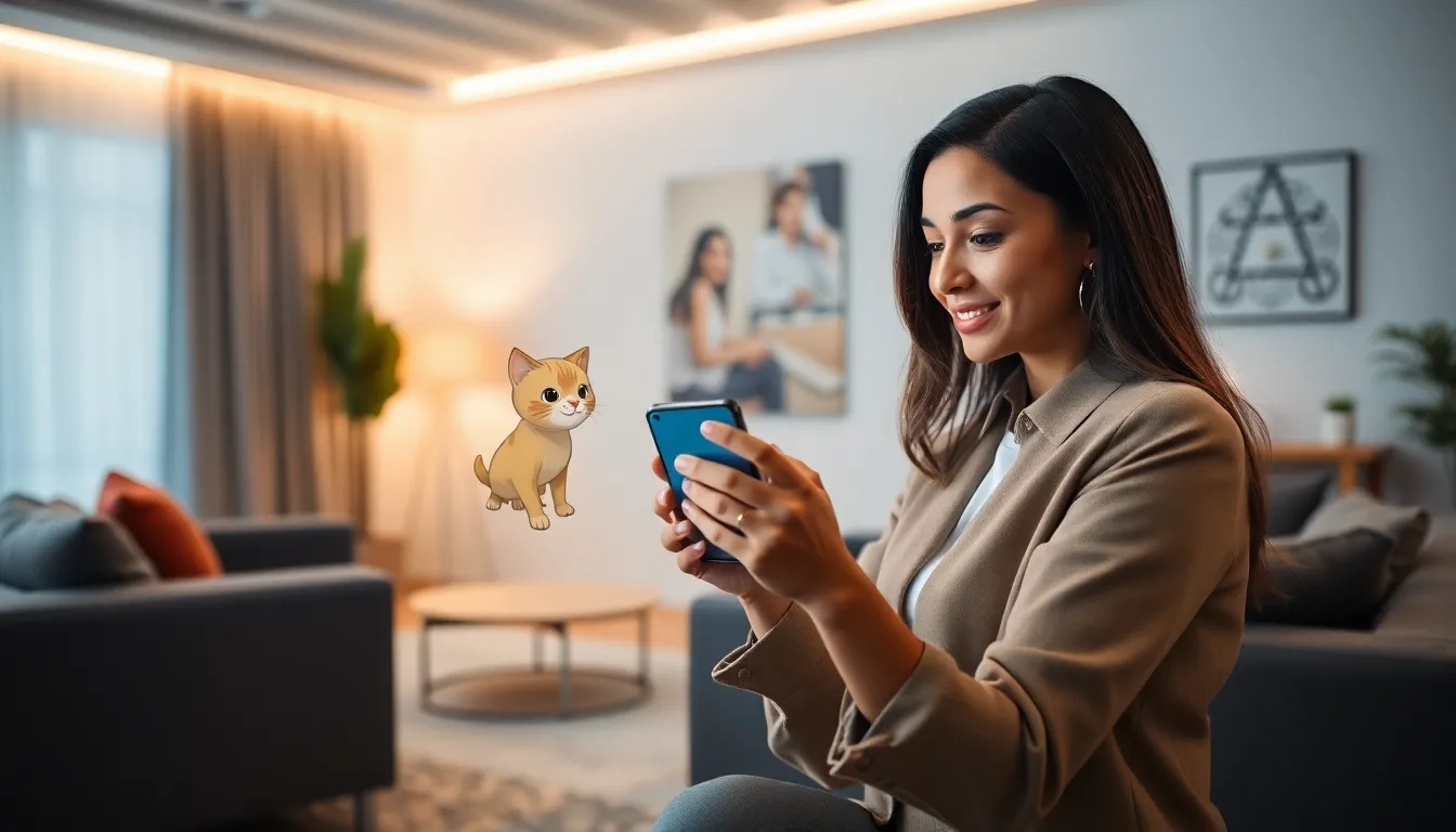 woman using smartphone to interact with augmented reality in a living room.