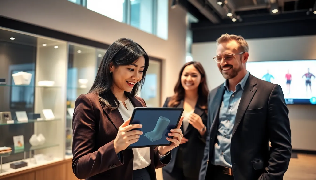 professionals demonstrating augmented reality in a modern retail setting.