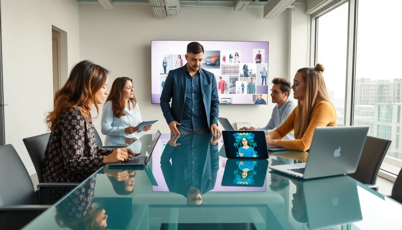 team of augmented reality designers collaborating in a modern office.